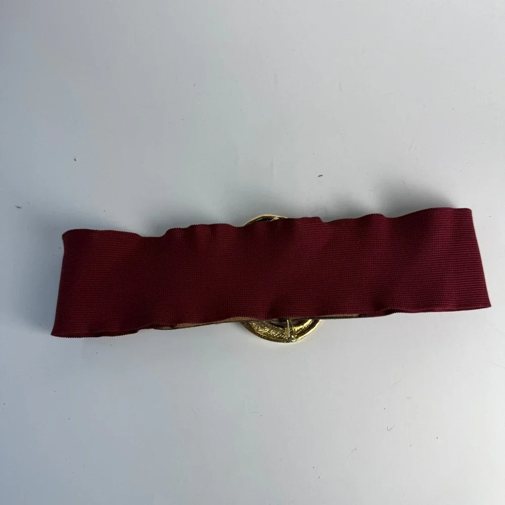 Vintage 80s Elastic Cinch Belt Gold Metal Buckle XS S Burgundy Red Wide Waist
